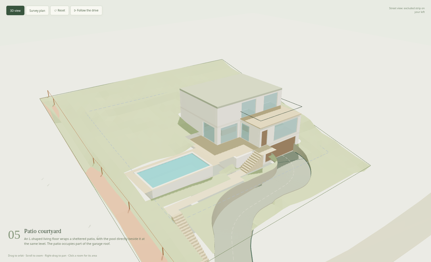 Unaltered BIM view used as the reference for the left-house courtyard